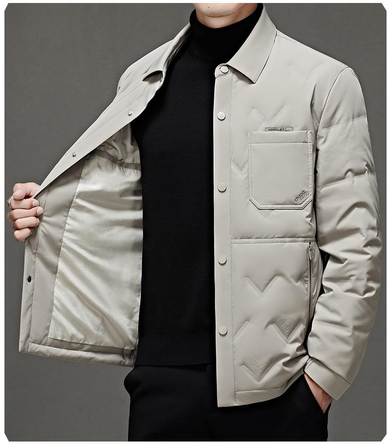 Men's White Shirt-Style Duck Down Jacket: Single-Breasted, Lapel, Warm, Business Casual Coat for Middle-Aged.