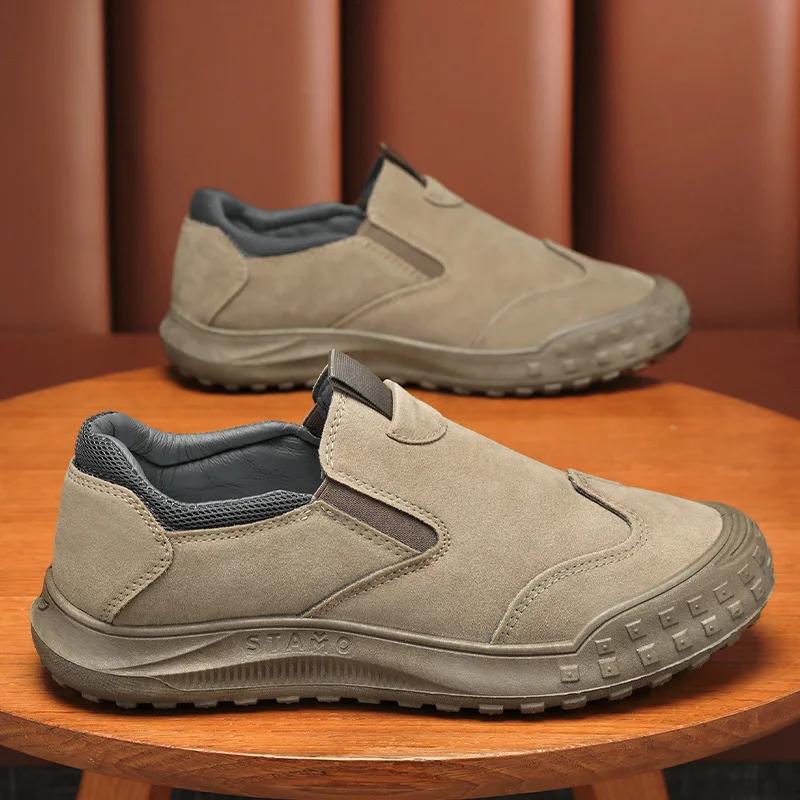 New Outdoor Leather Men Sneakers Slip on Casual Shoes Men Walking Shoes Men Loafers Comfortable Hiking Footwear Lightweight 2024