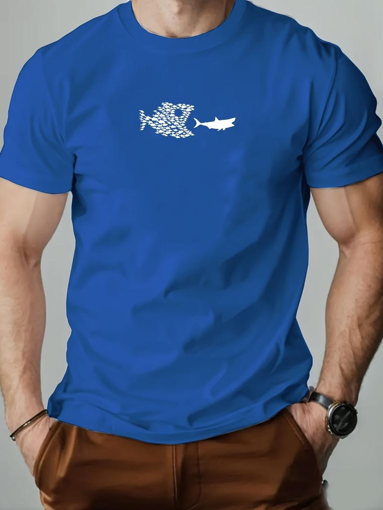 Summer Casual Crewneck Men Fun Big Fish Eating Small Fish Pattern Adult Women Matching Shortsleeved Tshirt Loose Breathable
