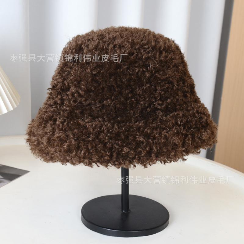 Female Thickened Teddy Fleece Curly Hair Bucket Hat Fashionable Winter Warm Hat Retro Curly Hair Basin Hat Versatile