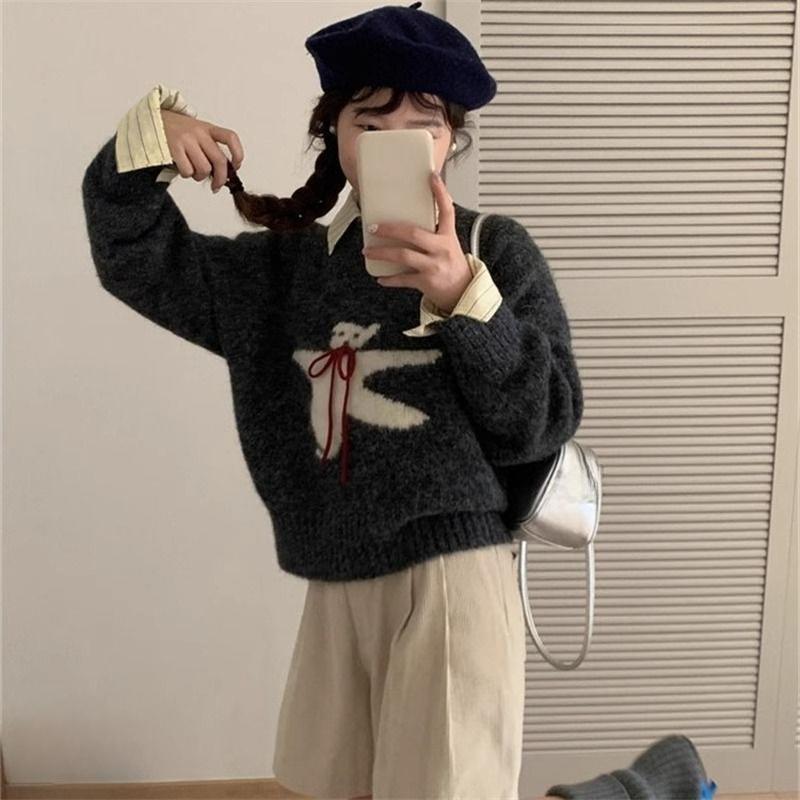 Cartoon Muster Damenpullover Koreanischer Stil Rundhals Schleifchen Dekoration Frau Gestrickte Pullover Herbst Lässig Bequeme Damenbekleidung