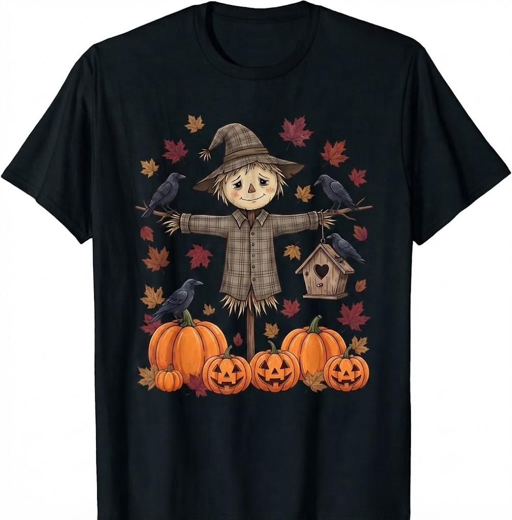Cute Scarecrow Pumpkin Thanksgiving Halloween Black T-Shirt, Idea Gift