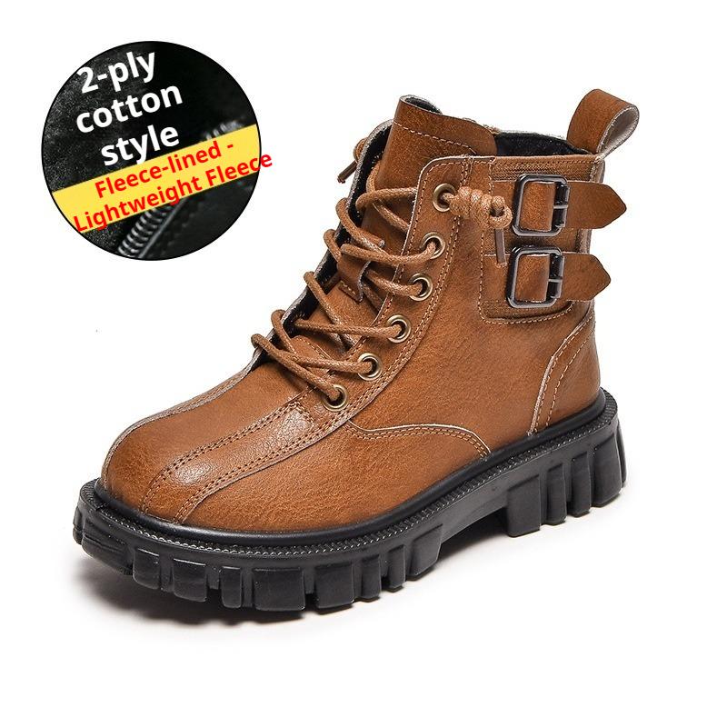 Boys' Fleece Cotton Boots Children's Non-slip British Style Cowhide Ankle Boots