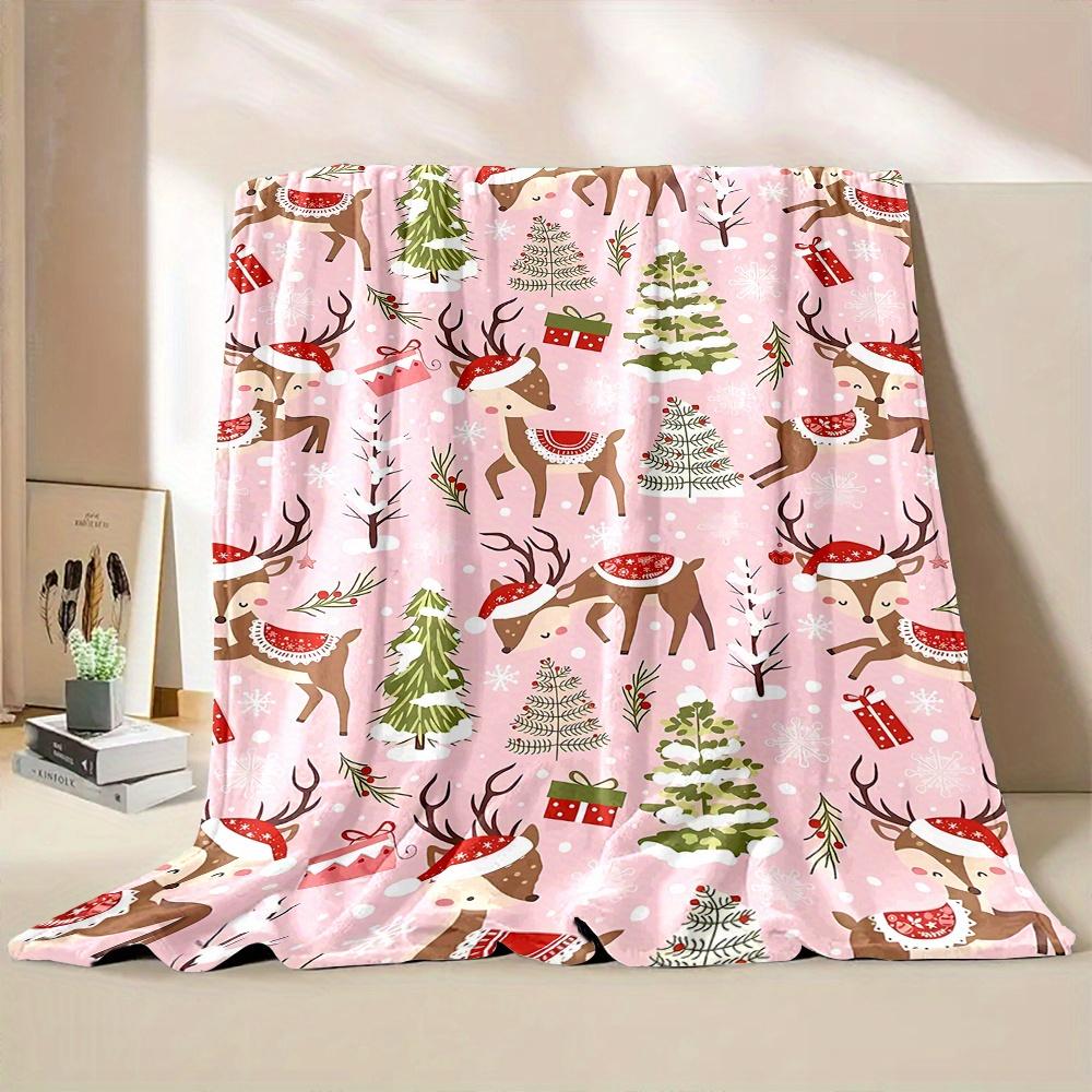 Cozy Pink Christmas Reindeer & Tree Print Flannel Throw Blanket - Soft, Warm, and Versatile for All Seasons - Perfect Gift for