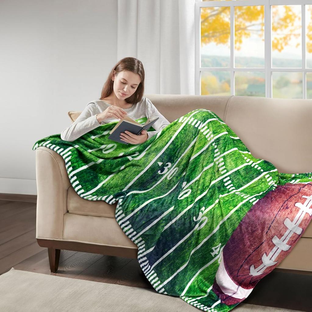 Football Blanket Gifts for Boys Girls Football Lovers, Green Football Throw Blanket Super Soft Travel Bed Sofa Blankets for Sport Fans Kids Adults