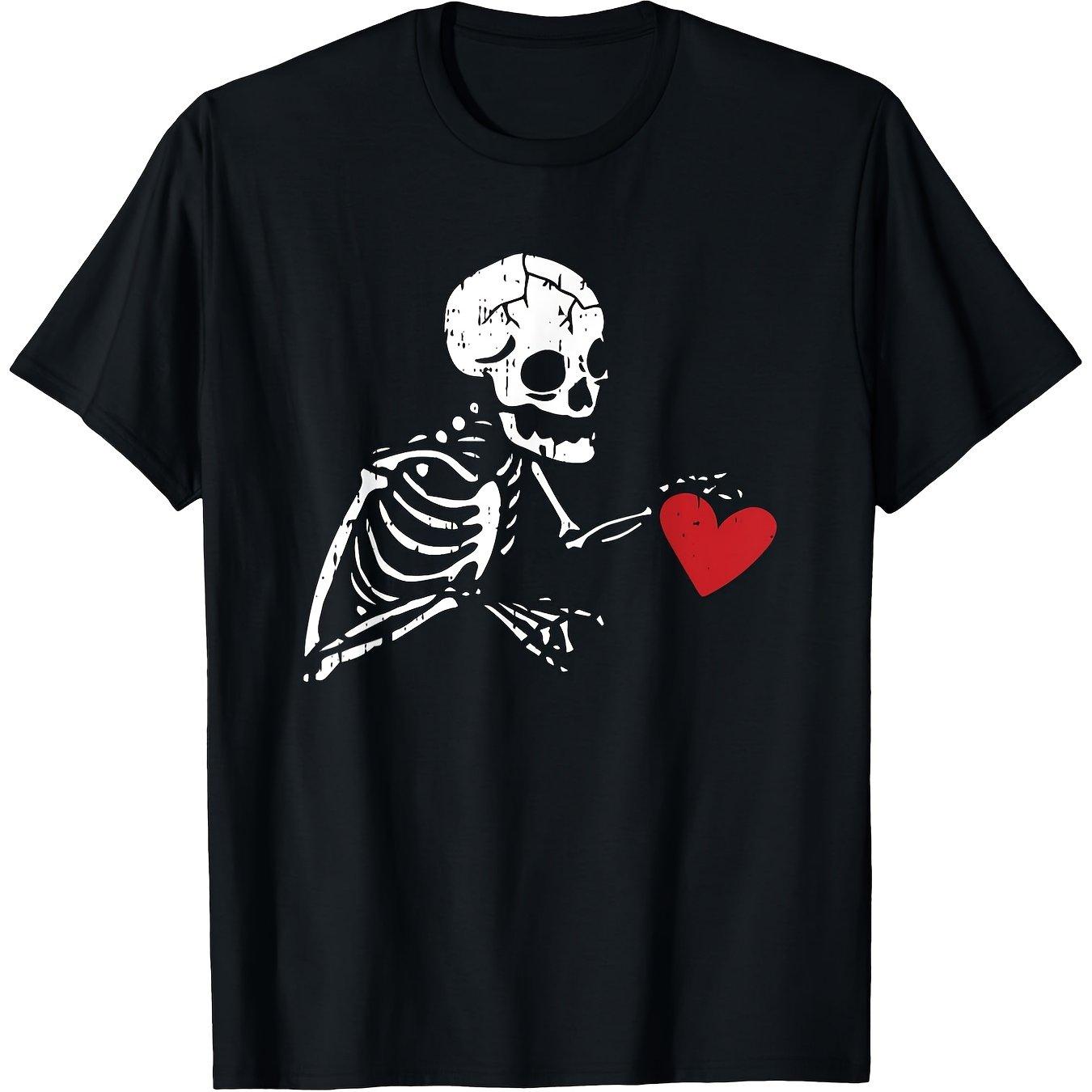 Skeleton Holding Red Heart Graphic Black T-Shirt Gothic Grunge Style Short Sleeve Casual Tee for Men Round Neck 4XL