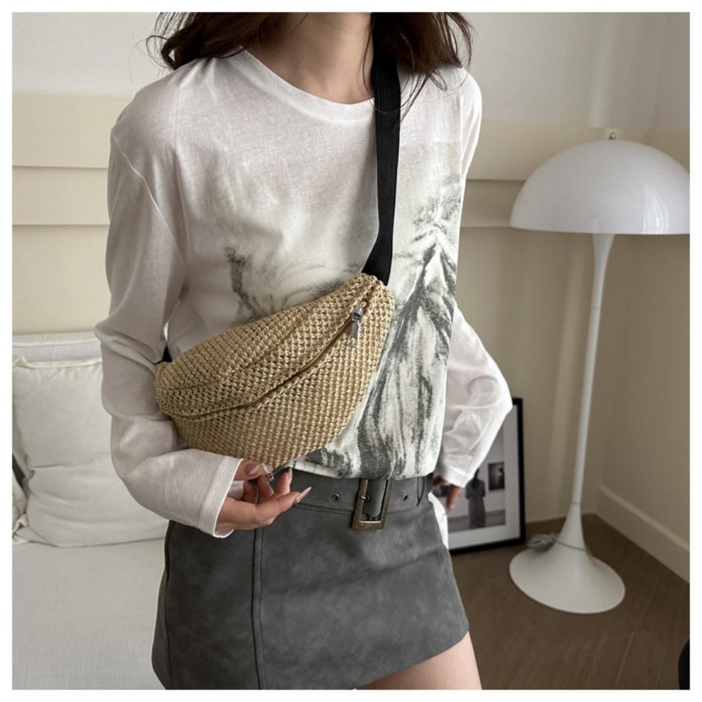 Women'S Stylish Woven Chest Bag - Light Brown, Crossbody Sling Phone Pouch with Zipper Closure, Versatile Waist Pack for Beach, Beach Bag