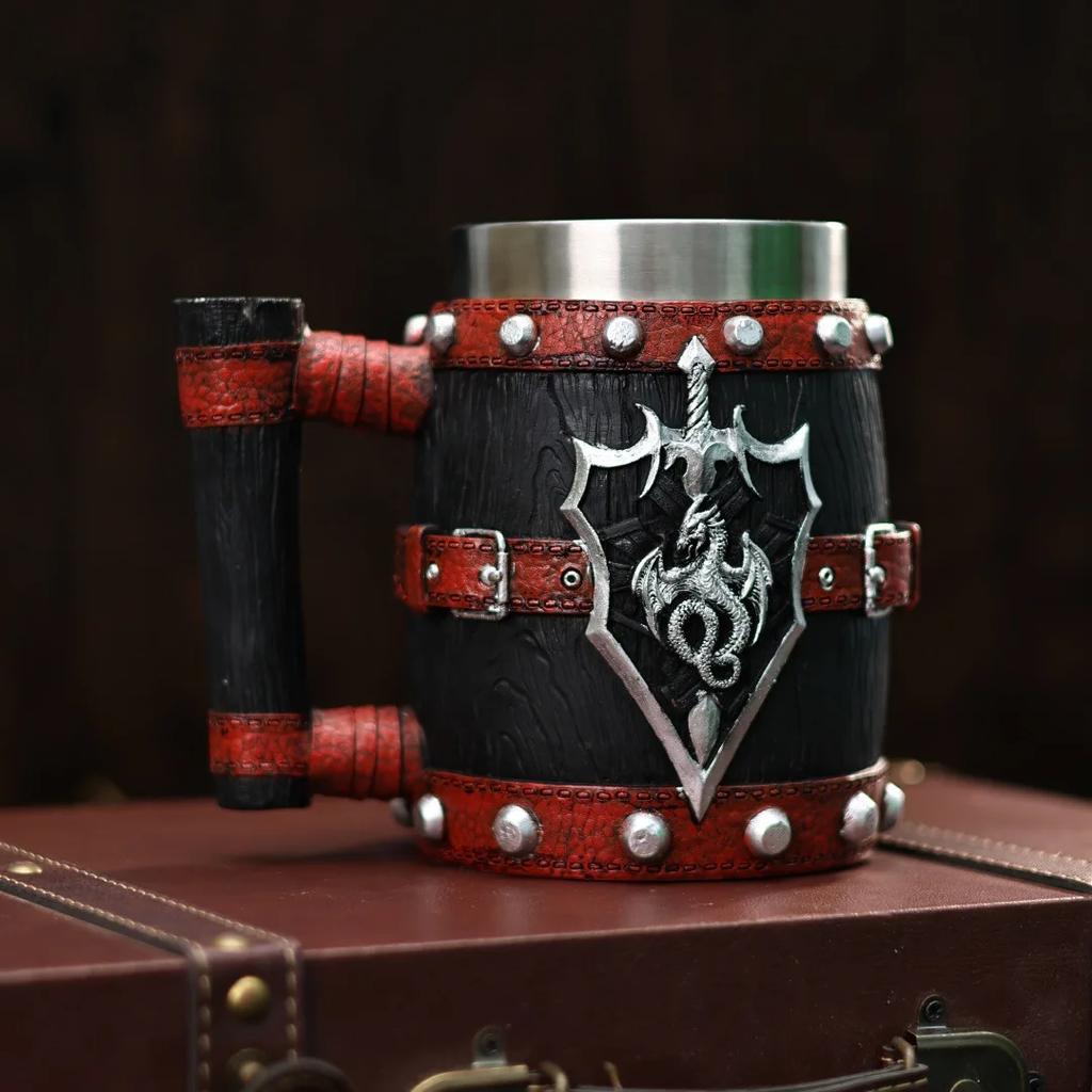 New Viking Imitation Wood Resin Beer Mug Retro Handmade Large-capacity Stainless Steel Liner Wine Glass Beer Jugs Bar Drinkware