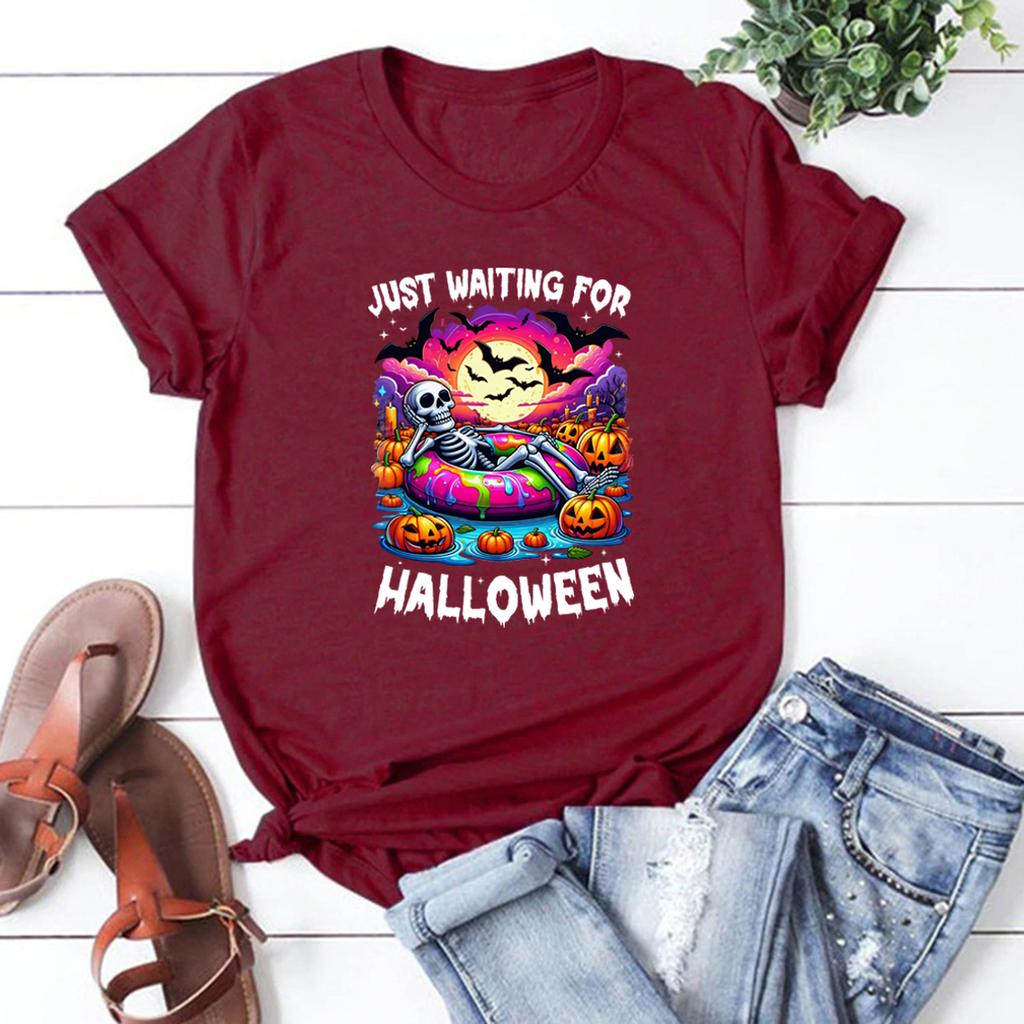 Just Waiting for Halloween T Shirt Skeleton Tshirt Funny Spooky Halloween Skeleton T Shirts Short Sleeve T-shirts Vintage Tees