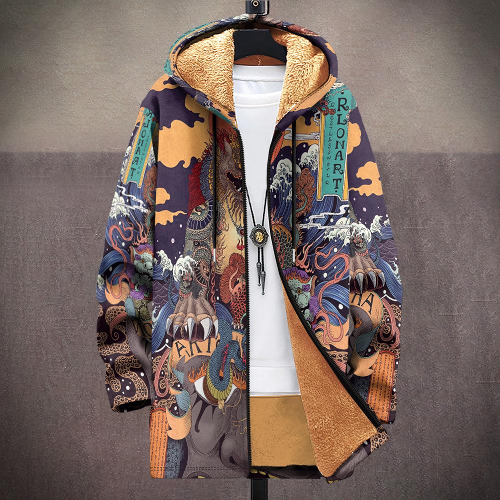 New jacket: multi-colored pattern elements, zipper hooded cardigan, thickened winter fleece padded clothes, yellow lining, trendy cotton clothes