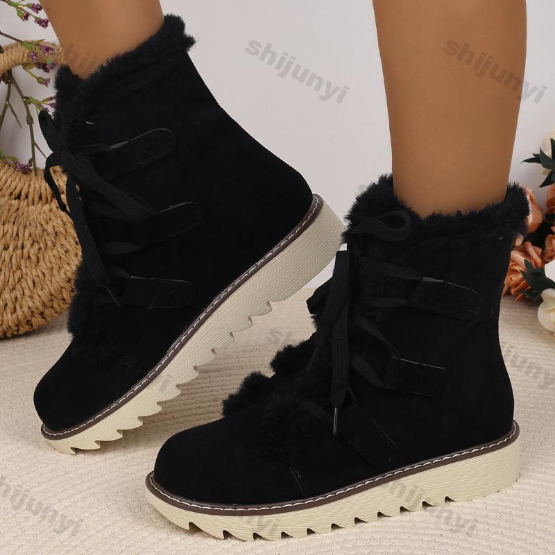 Fashion Thick Plush Snow Boots for Women Winter Warm Lace Up Flat Warm Cotton Shoes Woman Lightweight Outdoor Ankle Boots Plus Size 43