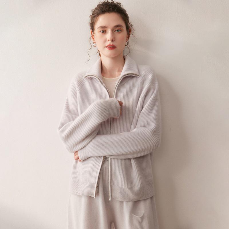 2025 Autumn/Winter Thick Double Zipper Cashmere Knit Cardigan for Women - High Collar Ribbed Long Sleeve Outerwear