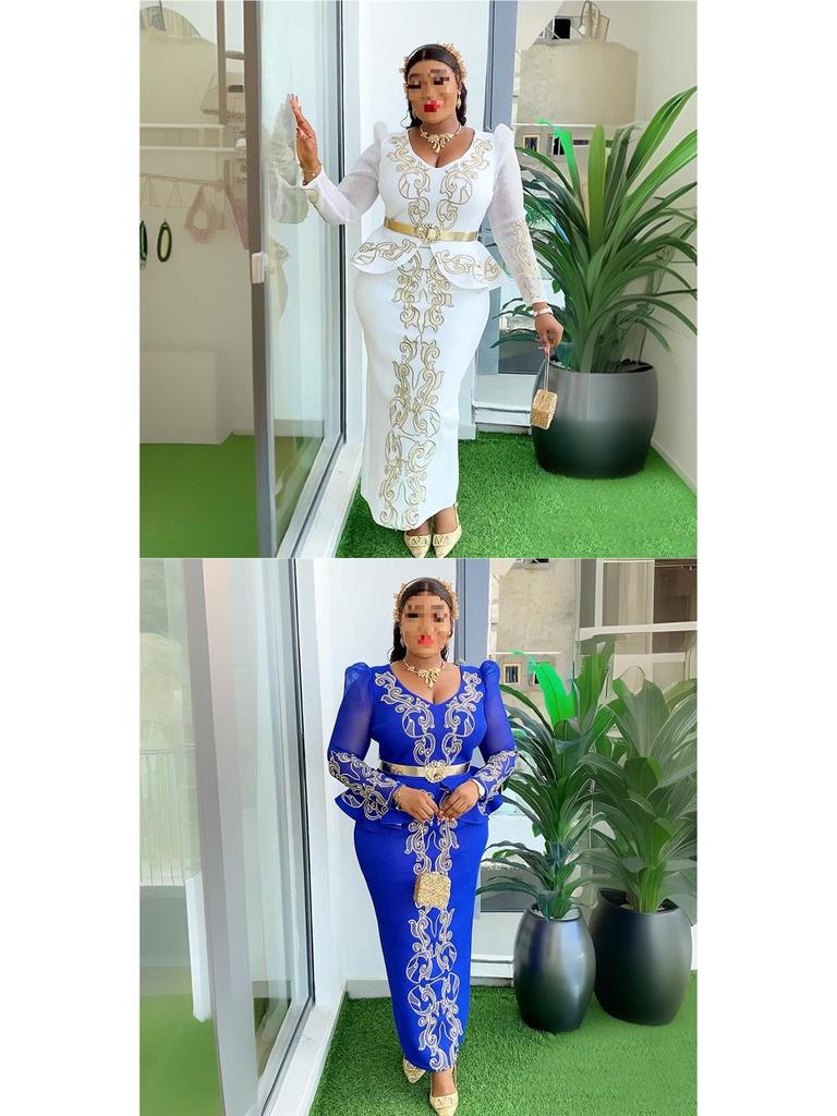 African Plus Size Rhinestone V-neck Formal Dress