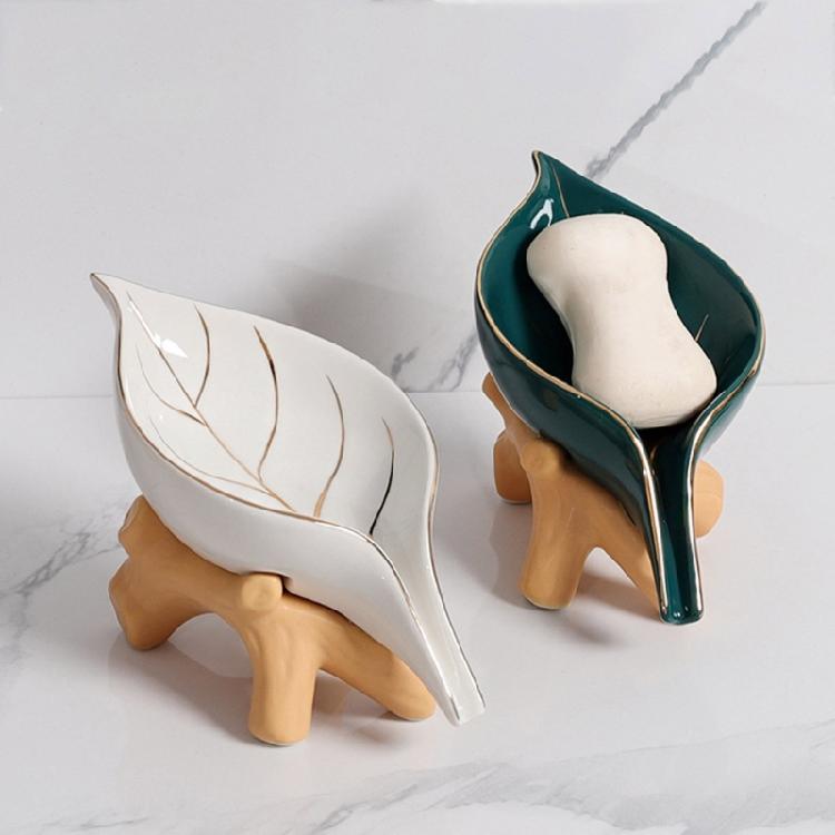 Modern Ceramic Soap Holder NonSlip Base Golden Leaf Pattern Soap Dish Organizers Tray for Bathroom Kitchen Essential