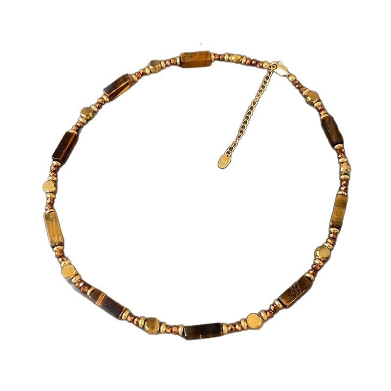 Tiger Eye Beaded Choker Necklace Gold Tone Natural Stone Boho Jewelry for Women
