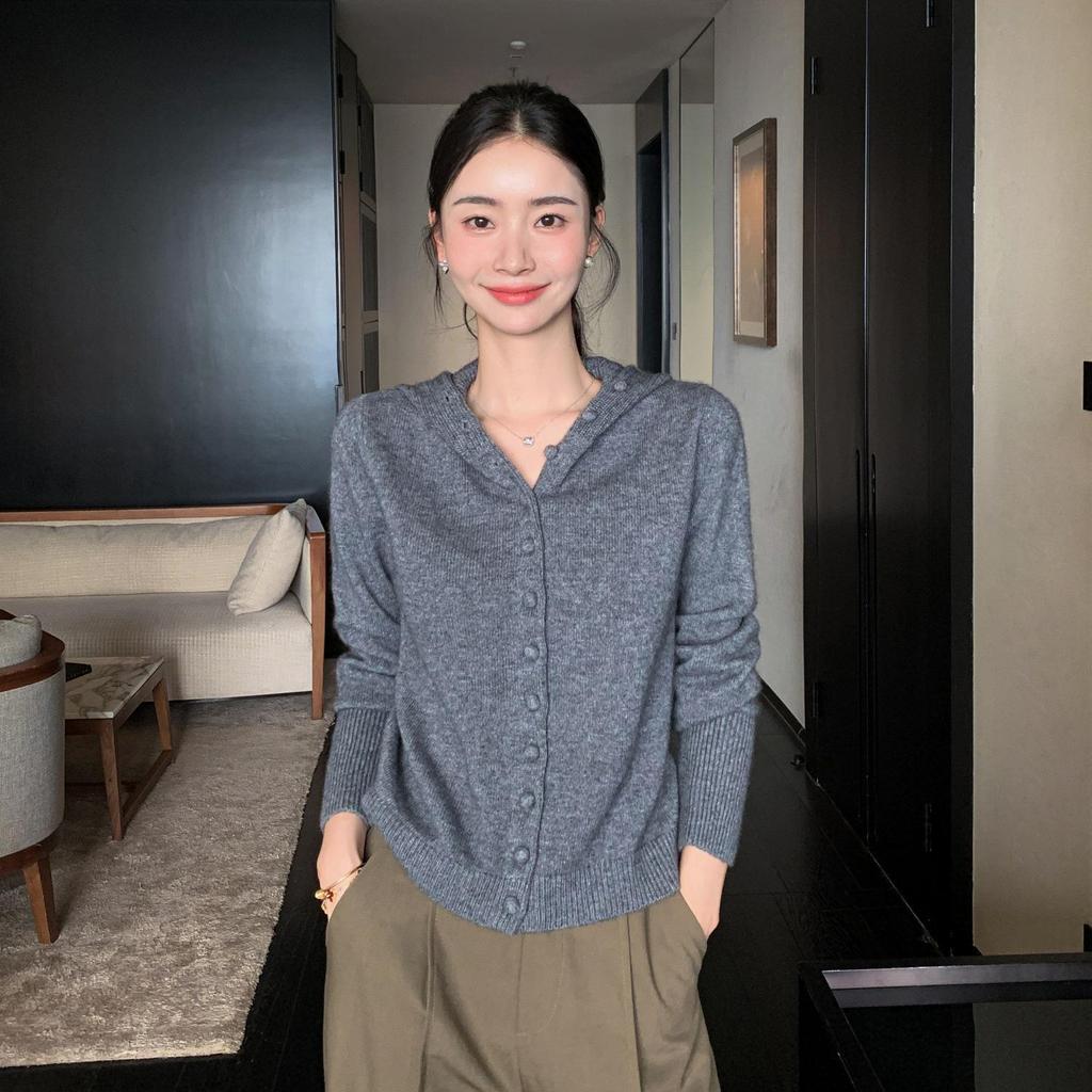 2025 Women's Thick Cashmere Hooded Knit Cardigan - Button-Up Loose Casual Sweater Top