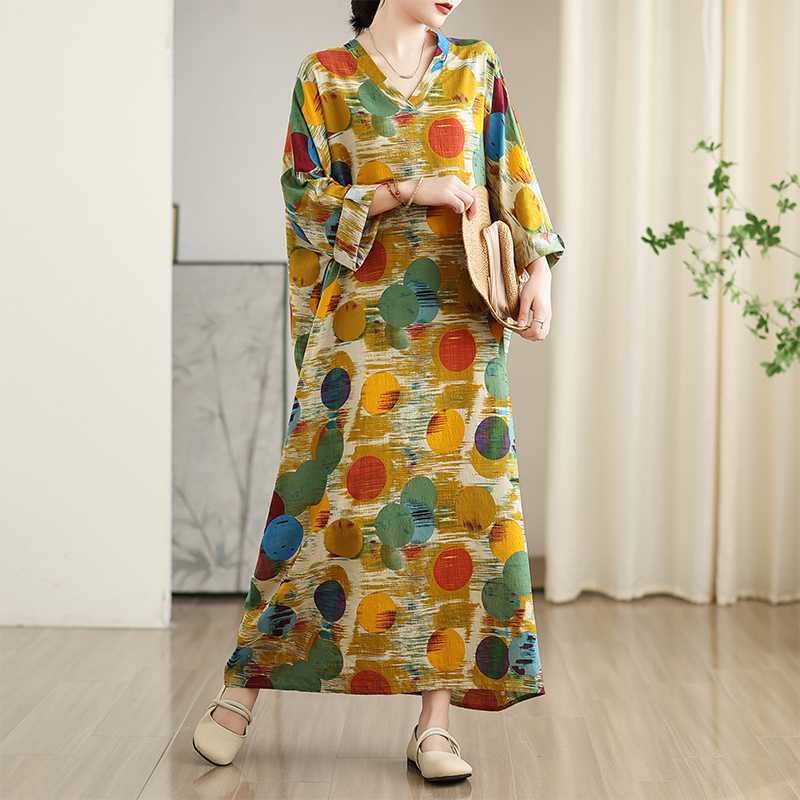 New Color Travel V-neck Retro Long Skirt Cotton Linen Dress