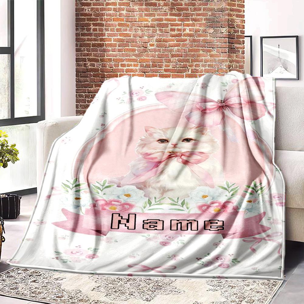 Cute Bunny With Pink Bow Home Customize Your Name Blankets Soft Cozy Lightweight Allseason Multipurpose Blanket For Picnics Sofas Offices Beds Living