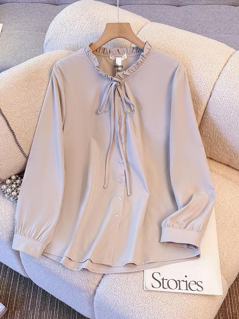 Plus Size Women's French V-neck Bowknot Shirt for Autumn & Winter (130-350 jin)