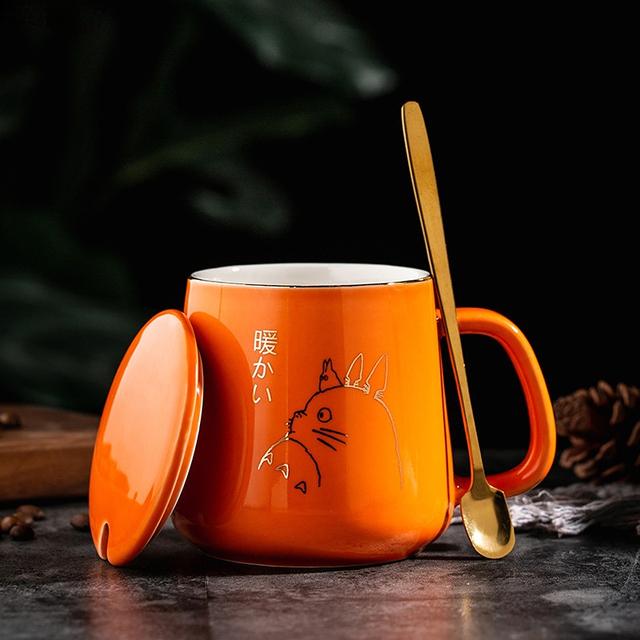 400ml New Product European Style Light Luxury Gold-painted Ceramic Coffee Mug with Lid Spoon Water Cup Cartoon Totoro Mug