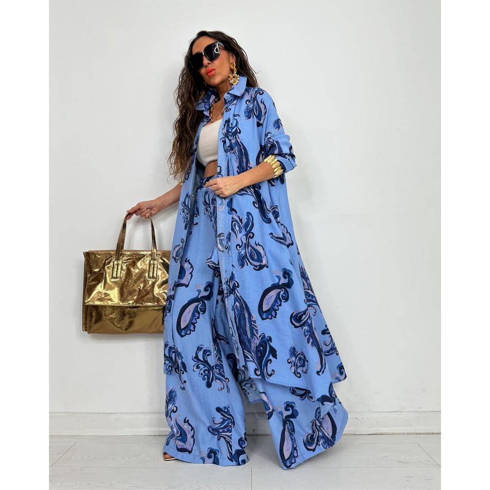 Autumn New Women's Lapel Printed Mid-length Top and Wide-leg Pants Two-piece Set