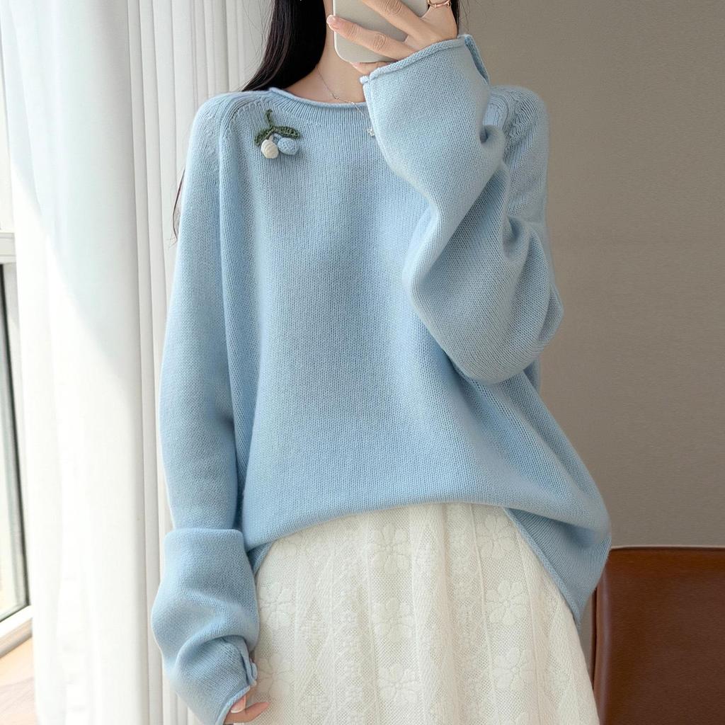 Women's Plus Size Embroidered Cashmere Sweater - Rolled-edge Round Neck, 100% Pure Wool Knit, Autumn/Winter Loose Fit Base Layer