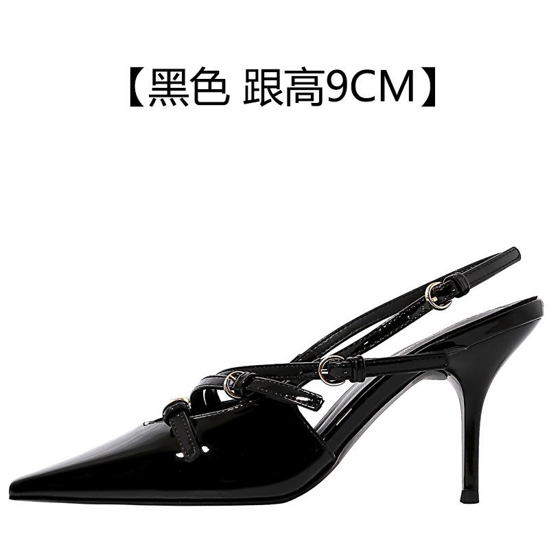 

2025 autumn new pointed French belt buckle burgundy bag head sandals small square head retro patent leather high heels women 40