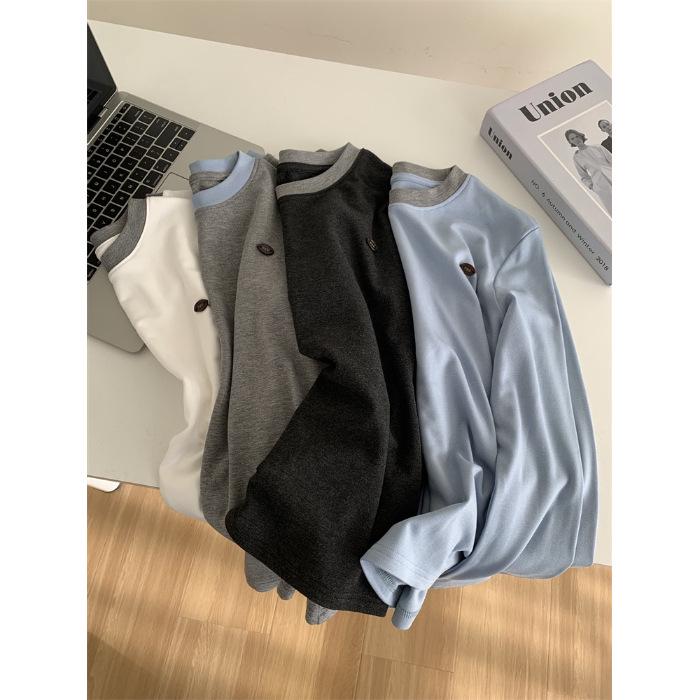 Women's Premium Color Block Round Neck Long Sleeve Fleece T-shirt - Autumn/Winter Imitation Cashmere Base Layer