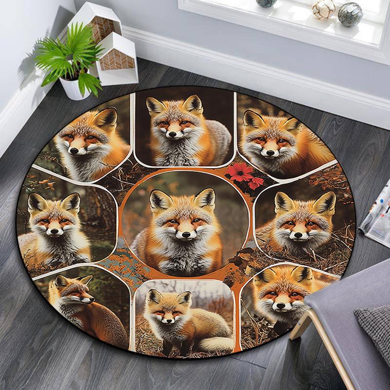 Foxes Round Area Rug,Carpet Rug for Living Room Bedroom Sofa Playroom Decor,Non-slip Floor Mat