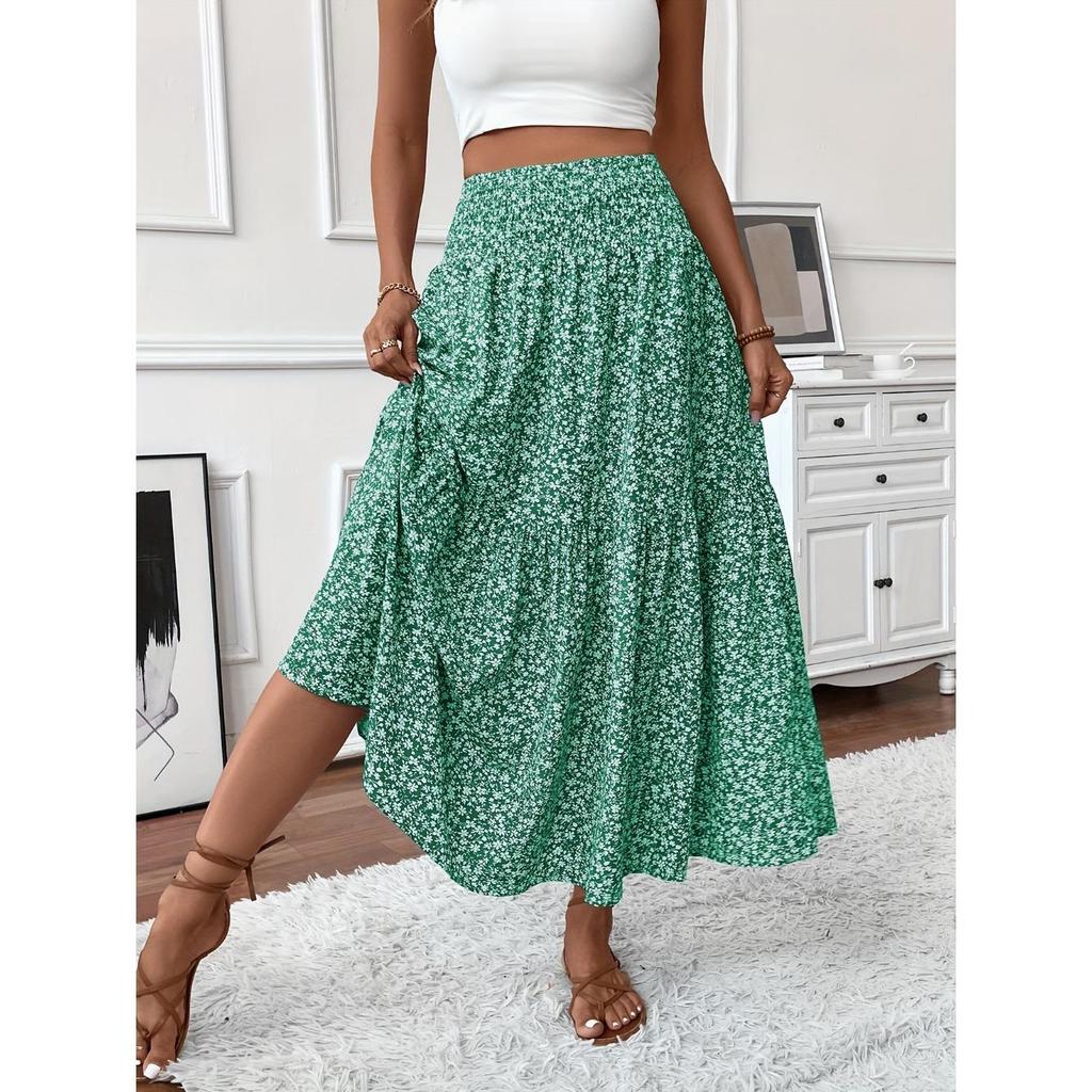Women's Casual Ditsy Floral Elastic Waist Pocket Skirt, Suitable for Casual Commuting Wear