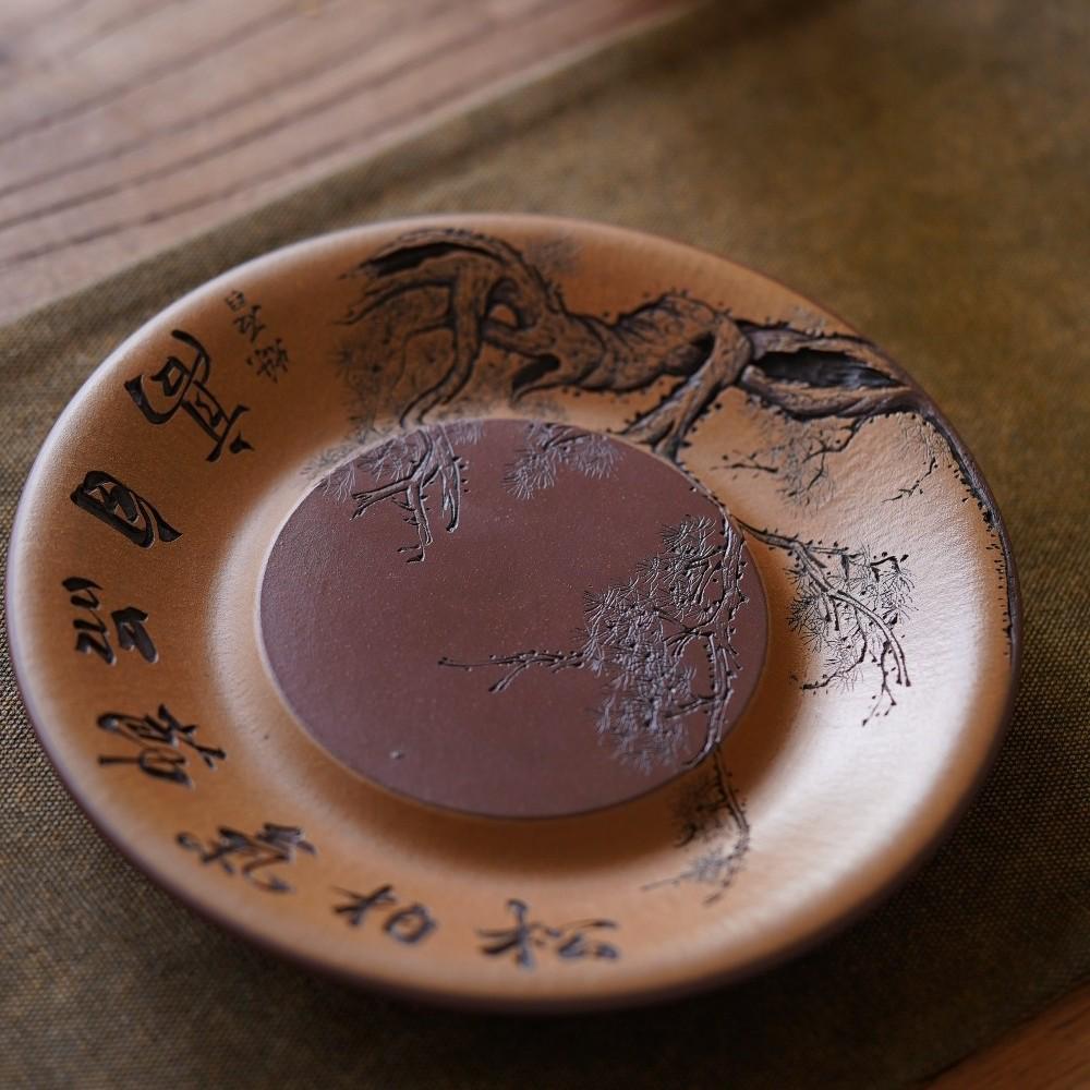 Yixing Zisha Pine Wave Purple Clay Hand-Carved Tea Tray
