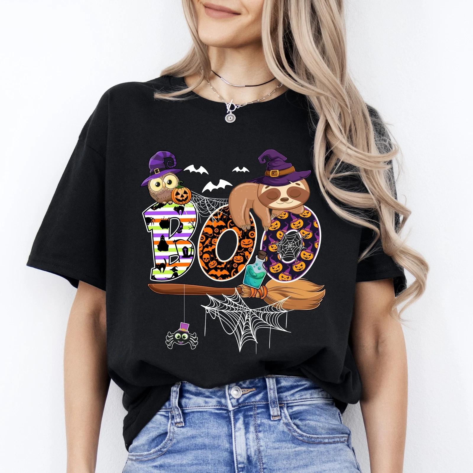 Sloth Boo Halloween Unisex T-Shirt Cute sleeping sloth owl Boo tee Black Dark Ch 2XL