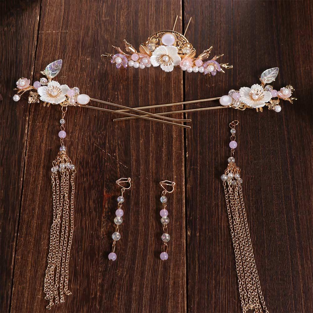 Zinc Zinc Alloy Bridal Headwear Plastic Earrings Hairpin Set Flower Wedding Dress Hair Accessories  Hanfu