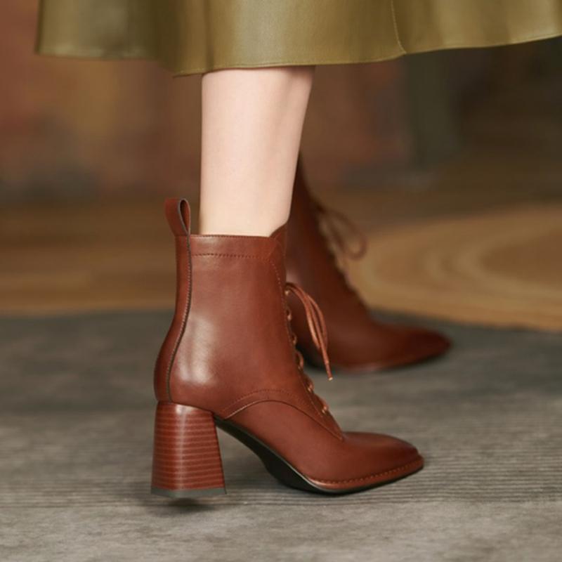 Fashion Autumn/Winter Women Boots Square Toe High Heel Shoes for Women Black Leather Boots Women Lace Up Handemade Shoes Botas De Mujer