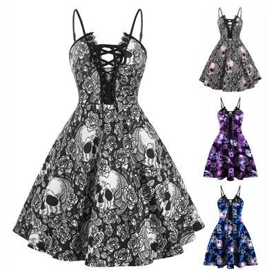 Sling Dress Backless Front Lace-up Lace Stitching Loose Hem Funny Skull Flower Printing Mini Dress