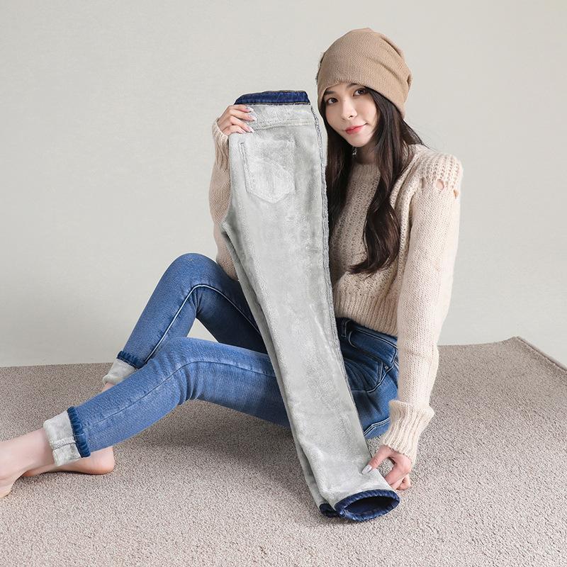 Fleece thickened jeans women's winter, women's high waist black small feet tight-fitting extended fleece outer pants