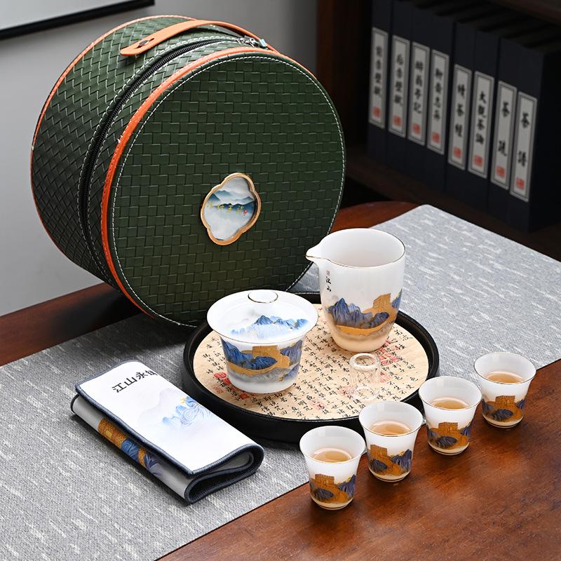 Ice Suet Jade Porcelain Travel Tea Set Outdoor Portable Ceramic Cover Bowl Tea Cup Complete Set Business Souvenir