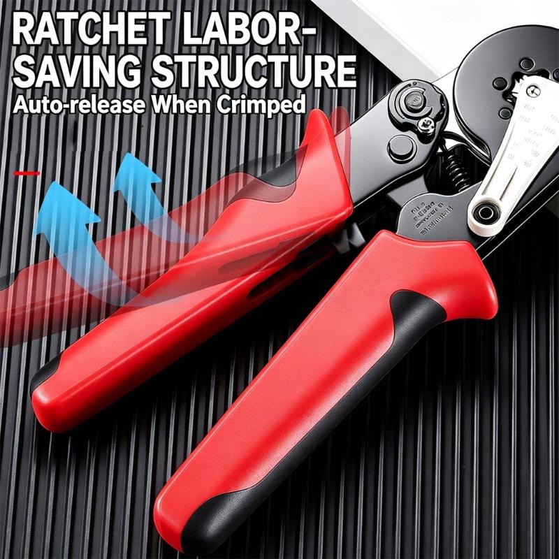 Manual Ferrule Crimping Pliers with Ratcheting Action, Guide Block, and Grip Shell for Wiring Repair and Install Work