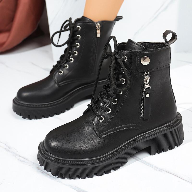 Fashion Punk Zipper Decor Platform Ankle Boots for Women Autumn Winter Black Thick Sole Short Booties Mujer Lace Up Pu Leather Boots