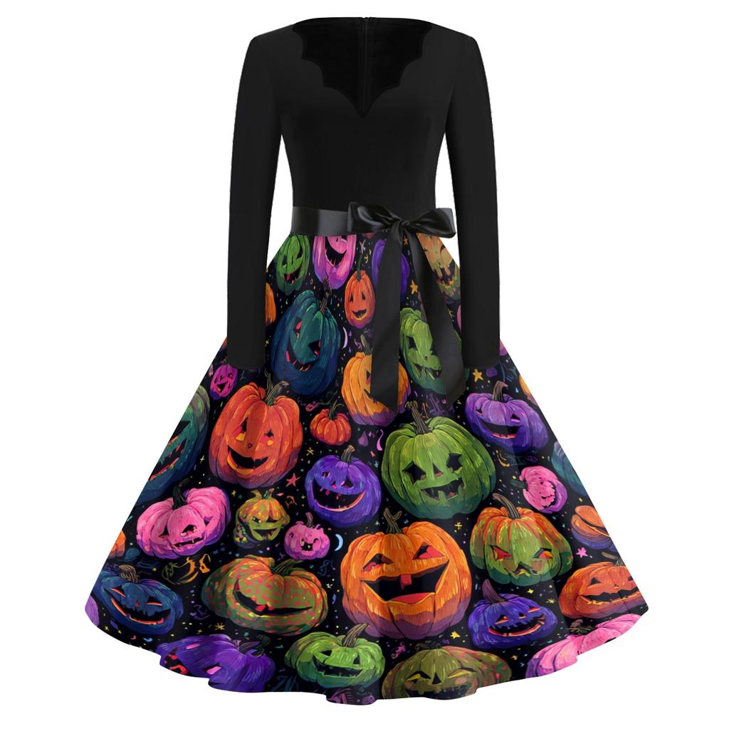 Womens Casual Vintage V Neck Dress Halloween Print Long Sleeve Fit Flare Dress with Bow Waistband Retro Style