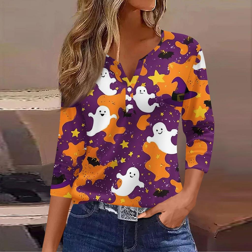 Women's Casual Fashion V-neck Loose Versatile Halloween Print Three-quarter Sleeve Top