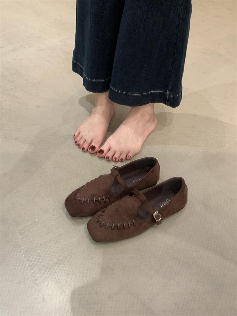 Suede Mary Jane Shoes Women's 2025 Autumn Soft-soled T-shaped with Shallow Mouth Flat-soled Single Shoes One-button Retro Small Leather Shoes