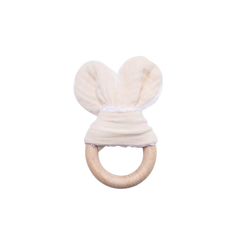 100% Cotton Baby Bunny Ear Teether Rabbit Beech Wooden Rattle Teether Safe Organic Wooden Ring Nursing Training Teethers Toy
