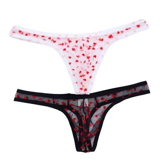 Men Thong Low Waist Perspective Design Breathable Panties Heart Pattern Briefs Mesh Romantic Valentine Day Briefs