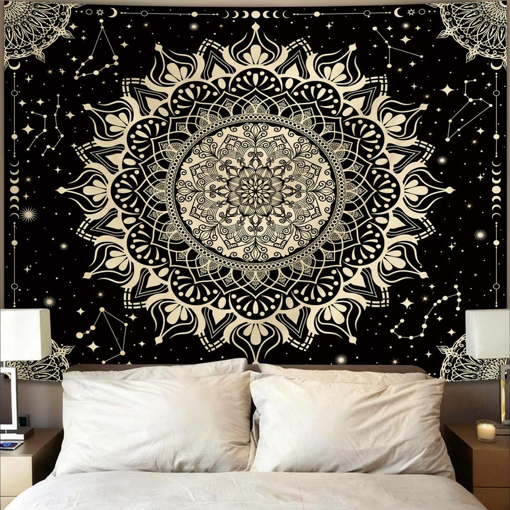 Mystical Luna Moth Tapestry, Green Moon Moth With Lunar Phases,Mushrooms And Witchy Hands Print Wall Hanging For Bedroom Living