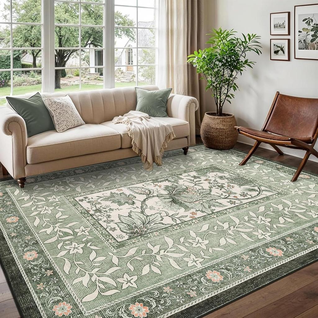 Green Living Room Carpet Soft Plants Flower Bedroom Bedside Floor Mat Vintage Home Decoration Cottagecore Non-Slip Washable Rug