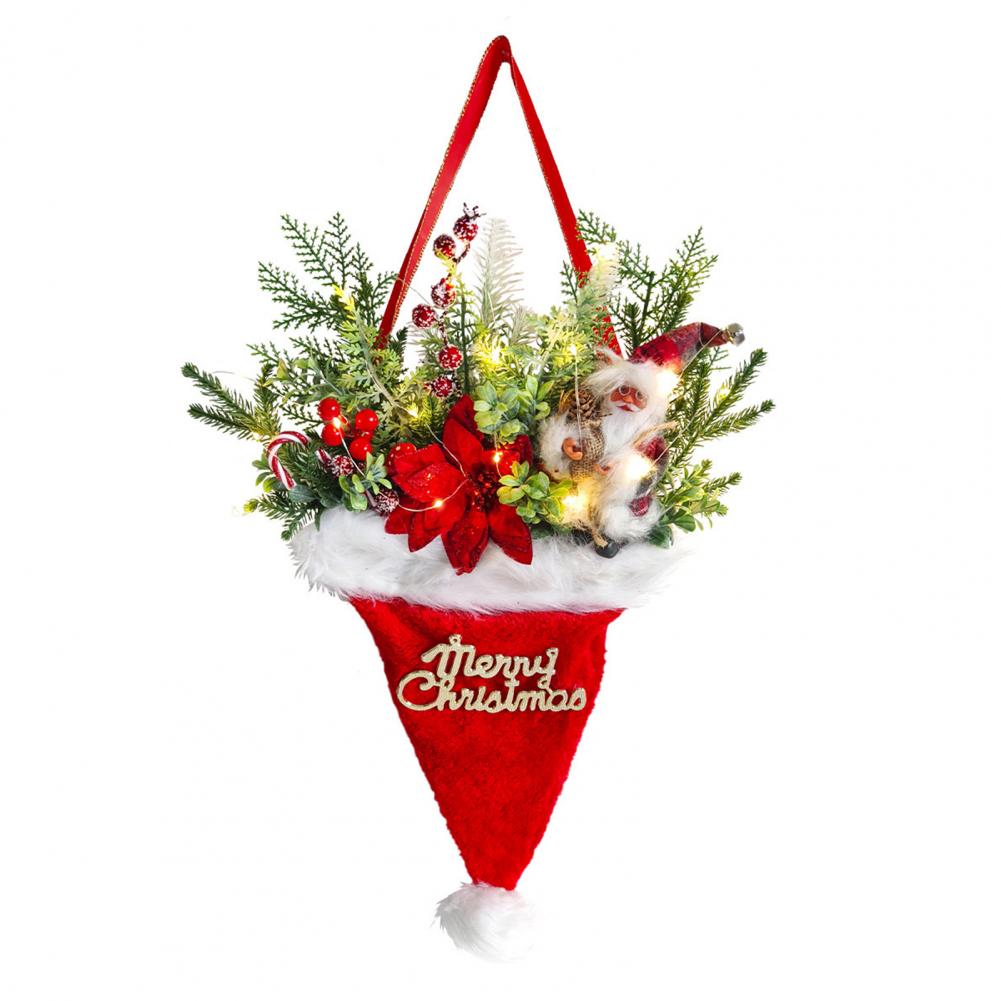 

Рождественский венок из шляп, Праздничный венок, Декор, Светодиодный венок из шляпы Санты с искусственными сосновыми шишками для фермерского дома красный