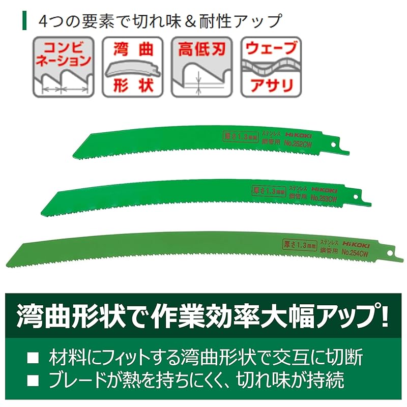 HiKOKI Curved Saber Saw Blade, Reciprocating Saw Blade, No. 252CW (Total Length 200mm), Pack of 5, 0033-4743