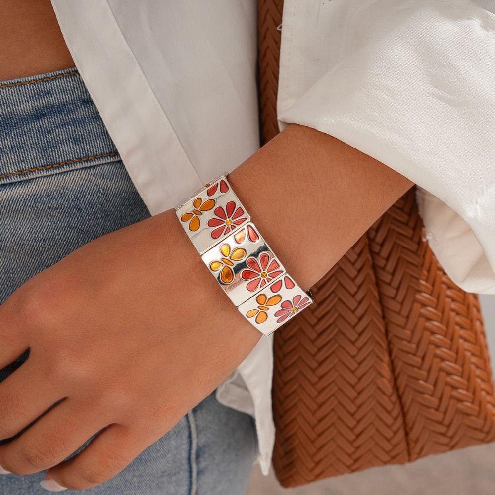 Metal Drip Oil Flower Bracelet Silver Elastic Bangles Geometric Square Bangle Decoration