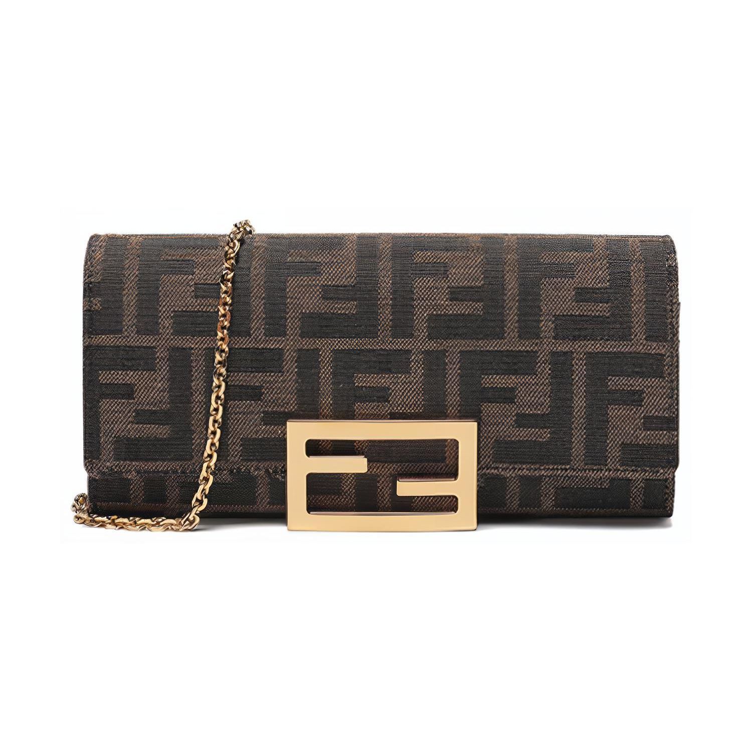 Fendi Gouden Logo FF Monogram Canvas en Leer Kleine Vierkante Portemonnee met Ketting Clutch Crossbody Schoudertas Dames tassen Bruin 8M0365-A98P-F0A6E Box(Basic Set+Box)